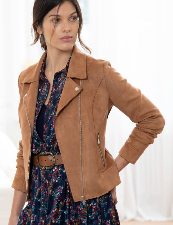 Blouson zippé col tailleur pressionné, suédine (caramel) Blouson zippé col tailleur pressionné, suédine (caramel)